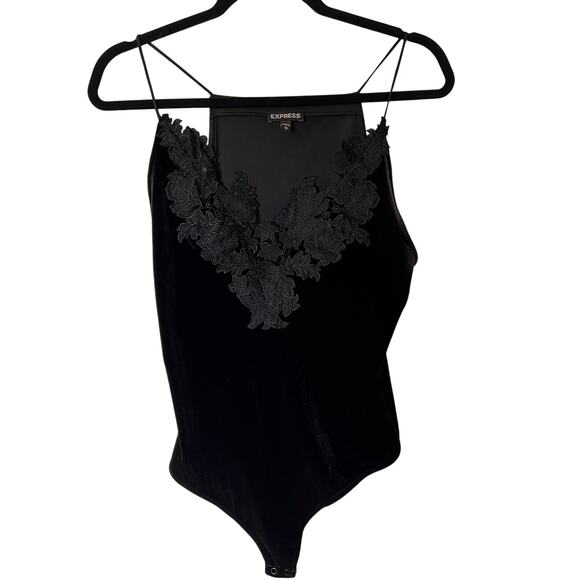 Express Black Velvet and Floral Lace Thong Bodysuit SZ M - Picture 3 of 8